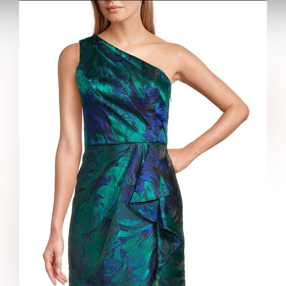 Adrianna Papell One Shoulder Jacquard Mermaid Gown Drape Detail Cobalt Green *8 - Picture 6 of 13